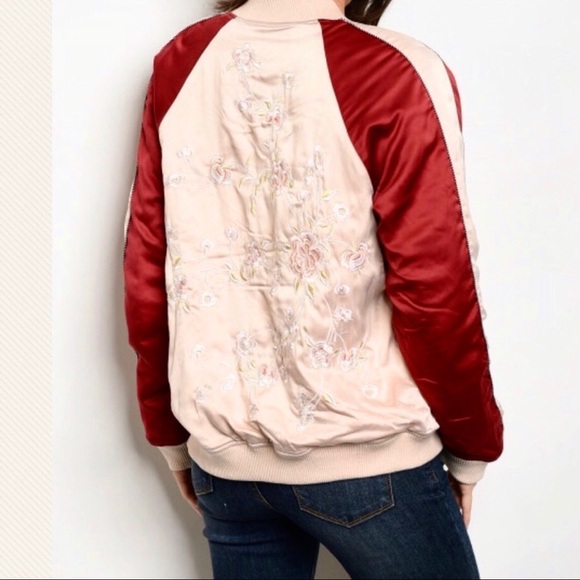 Anise boho satin embroidered floral bomber jacket - Picture 1 of 8